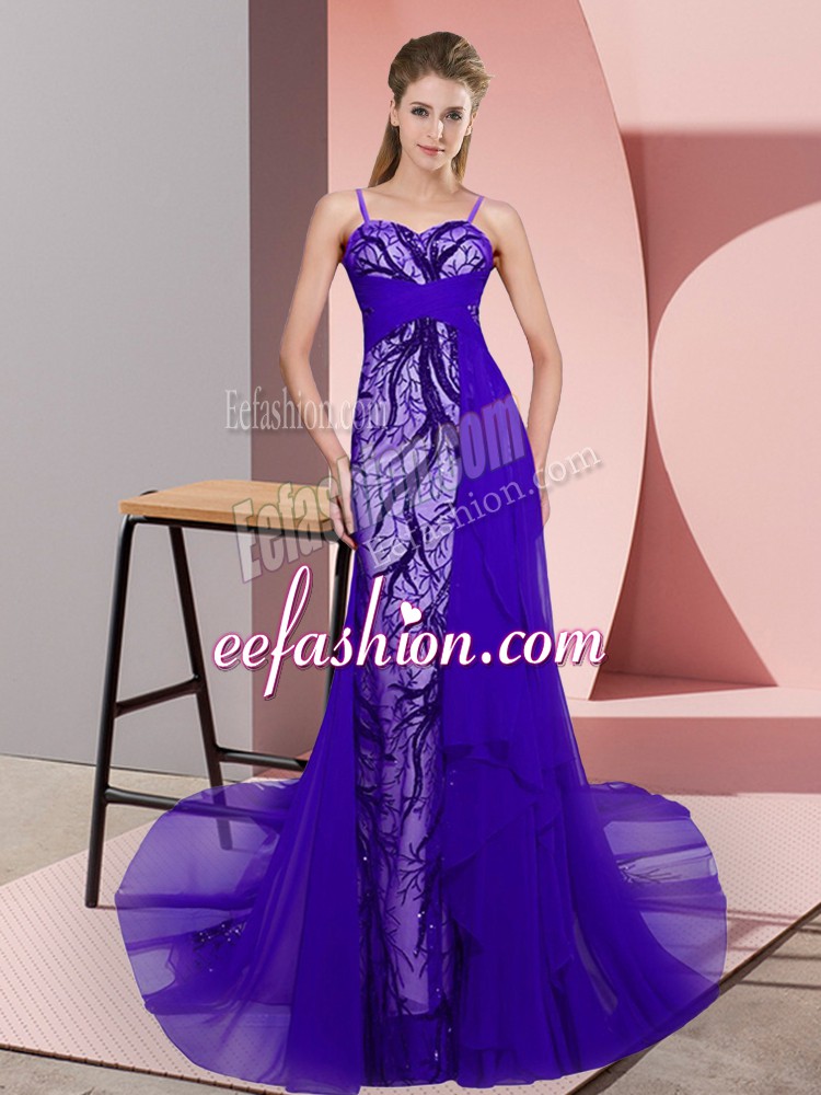  Purple Spaghetti Straps Neckline Beading and Lace Evening Dress Sleeveless Zipper