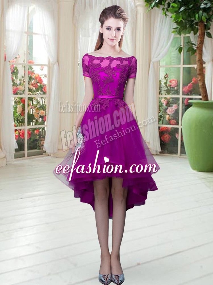  Tulle Short Sleeves High Low Dress for Prom and Appliques