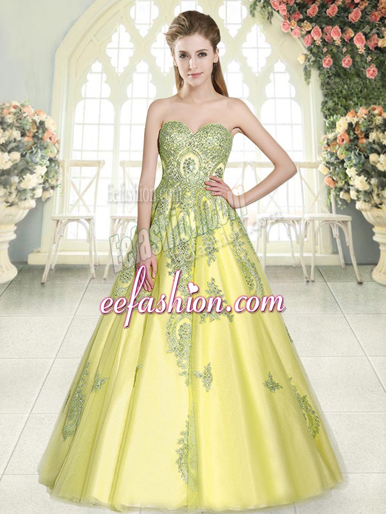 Glorious Yellow Green Tulle Lace Up Prom Dress Sleeveless Floor Length Appliques