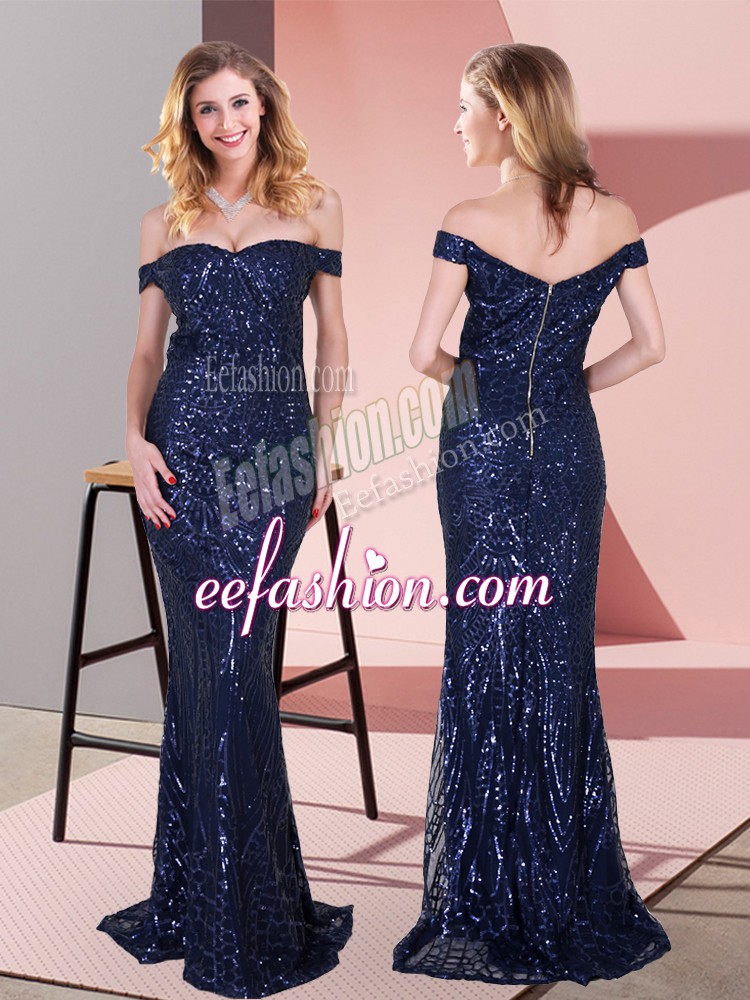 Modern Navy Blue Ball Gowns Off The Shoulder Sleeveless Sequined Floor Length Zipper Ruching Prom Party Dress