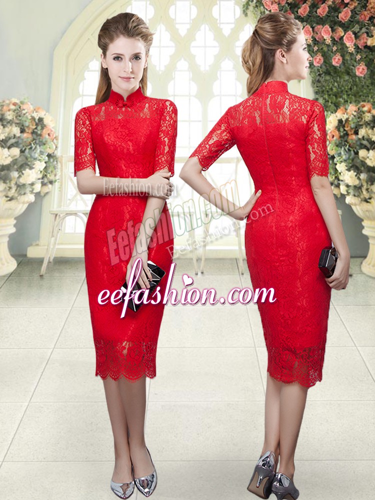 Top Selling Red Zipper High-neck Half Sleeves Tea Length Prom Evening Gown Beading and Lace