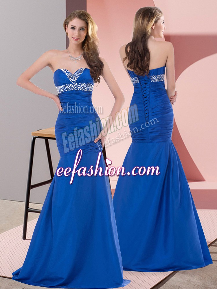Comfortable Mermaid Prom Dress Blue Sweetheart Satin Sleeveless Floor Length Lace Up