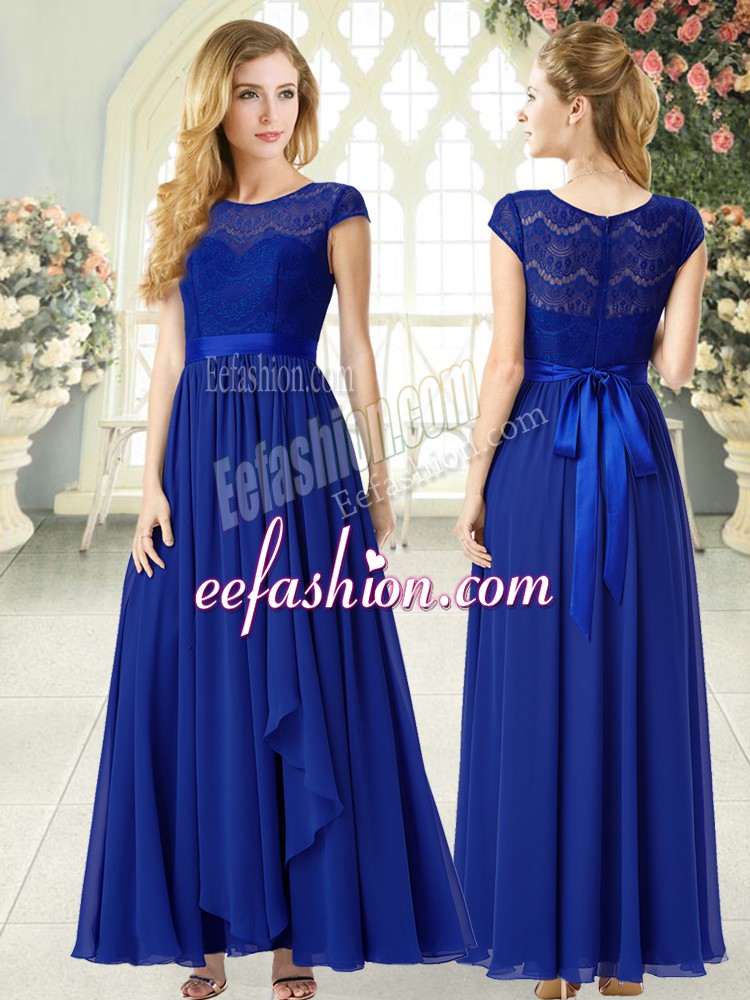 Inexpensive Royal Blue Zipper Scoop Lace Evening Dress Chiffon Cap Sleeves