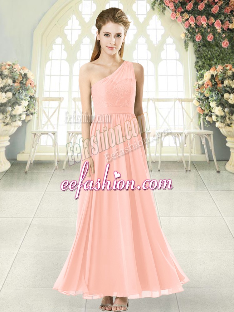  Pink Sleeveless Ankle Length Lace Side Zipper Prom Dresses