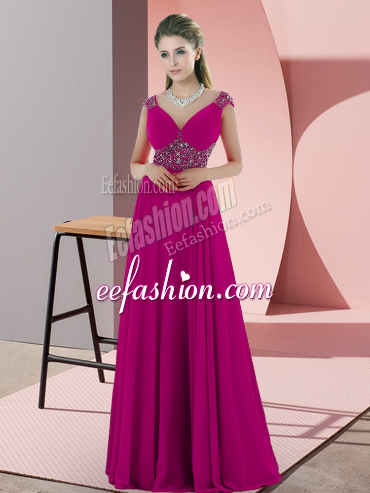 Exceptional Floor Length Fuchsia Dress for Prom V-neck Sleeveless Backless