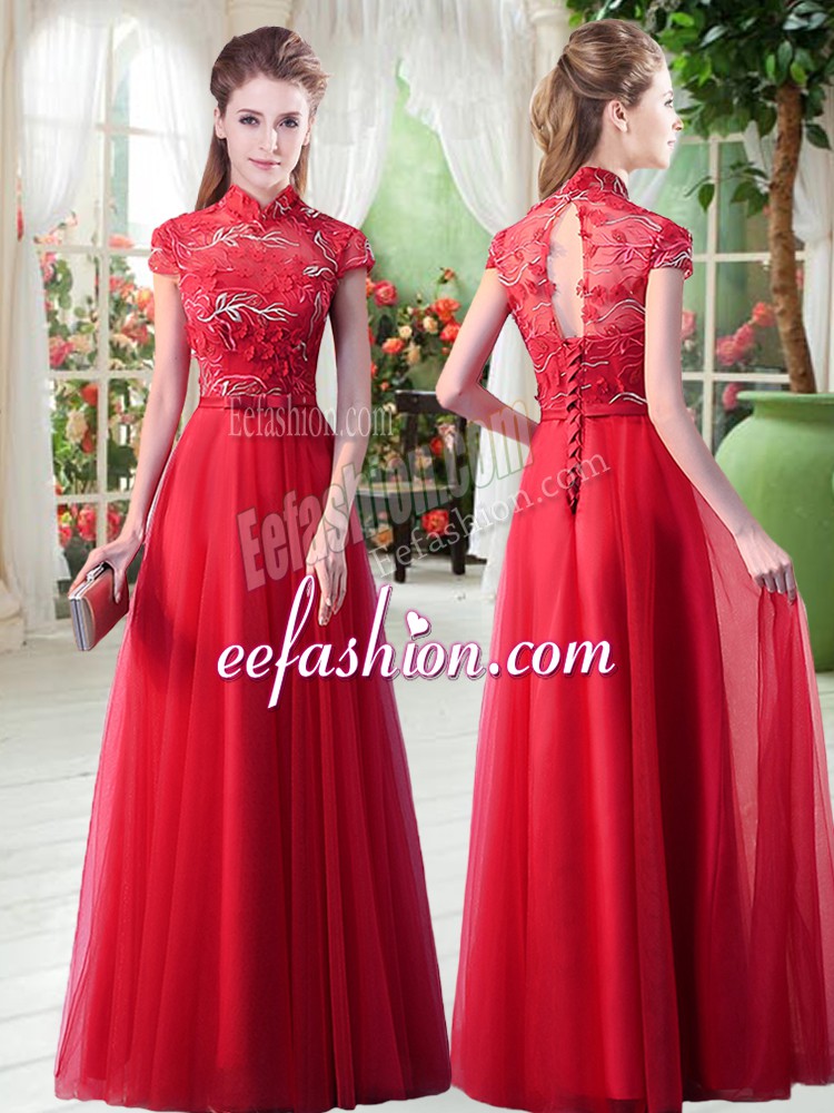 Captivating Red A-line Tulle High-neck Cap Sleeves Appliques Floor Length Lace Up Homecoming Dress