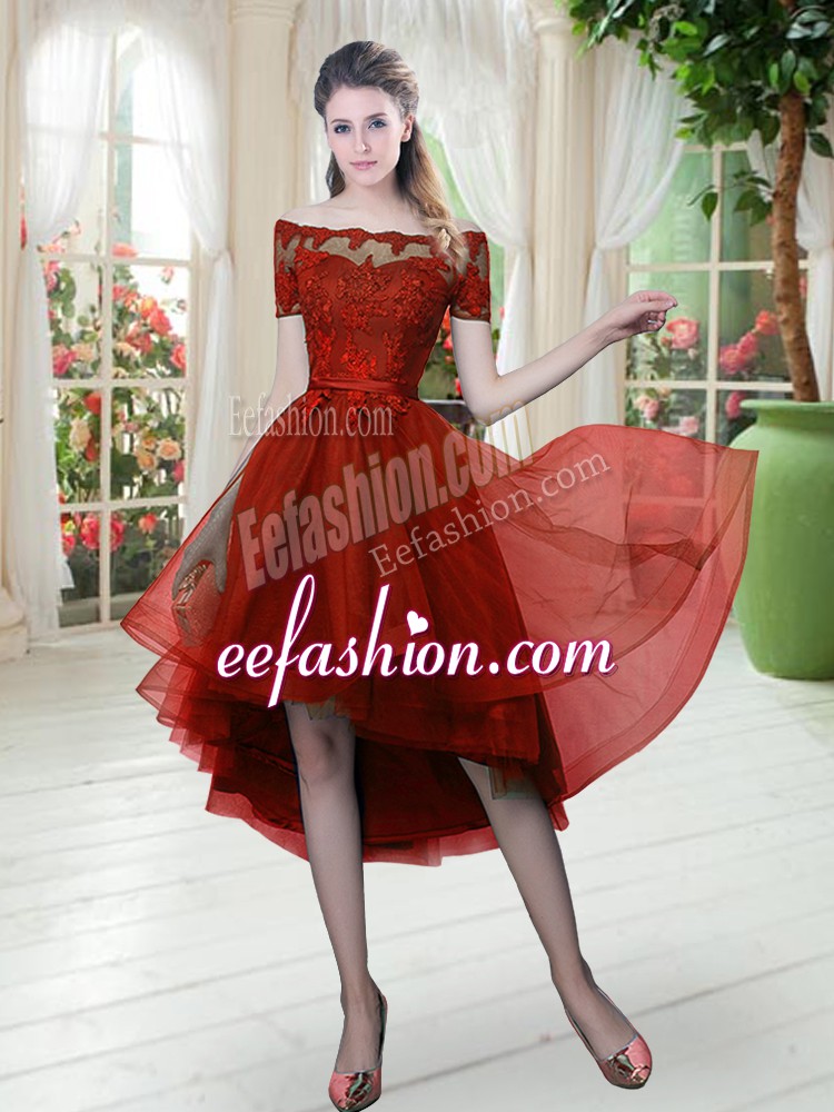  Wine Red Short Sleeves Tulle Lace Up Prom Dress for Prom and Party
