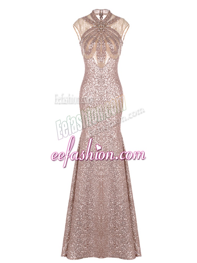  High-neck Sleeveless Prom Evening Gown Pink Sequined