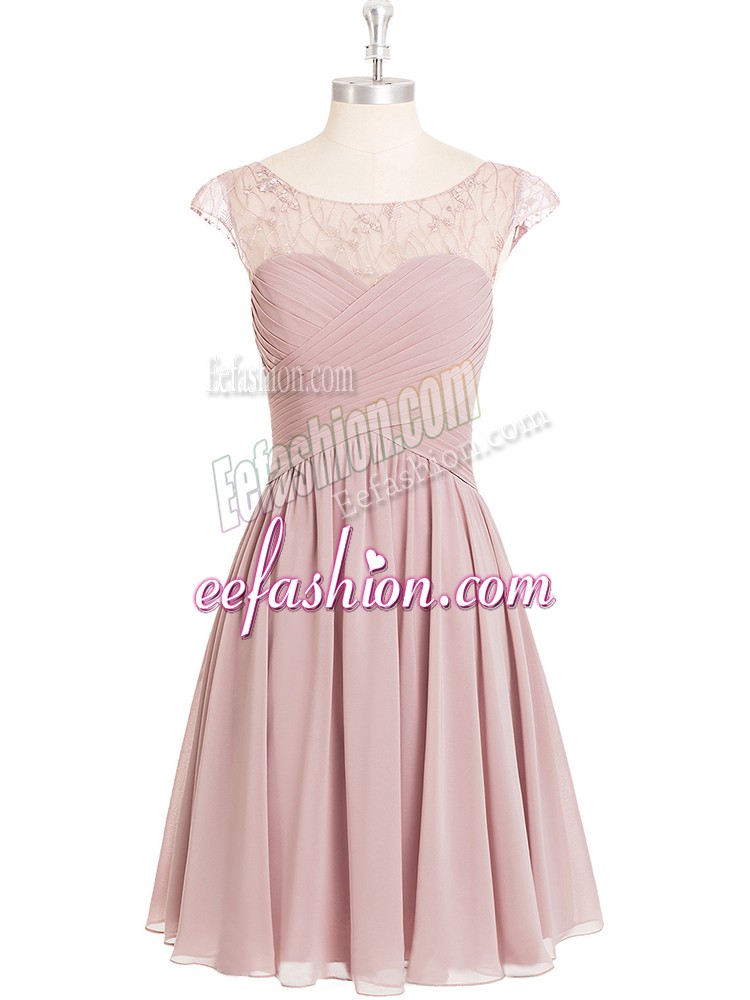 Stunning A-line Prom Dresses Pink Scoop Chiffon Cap Sleeves Mini Length