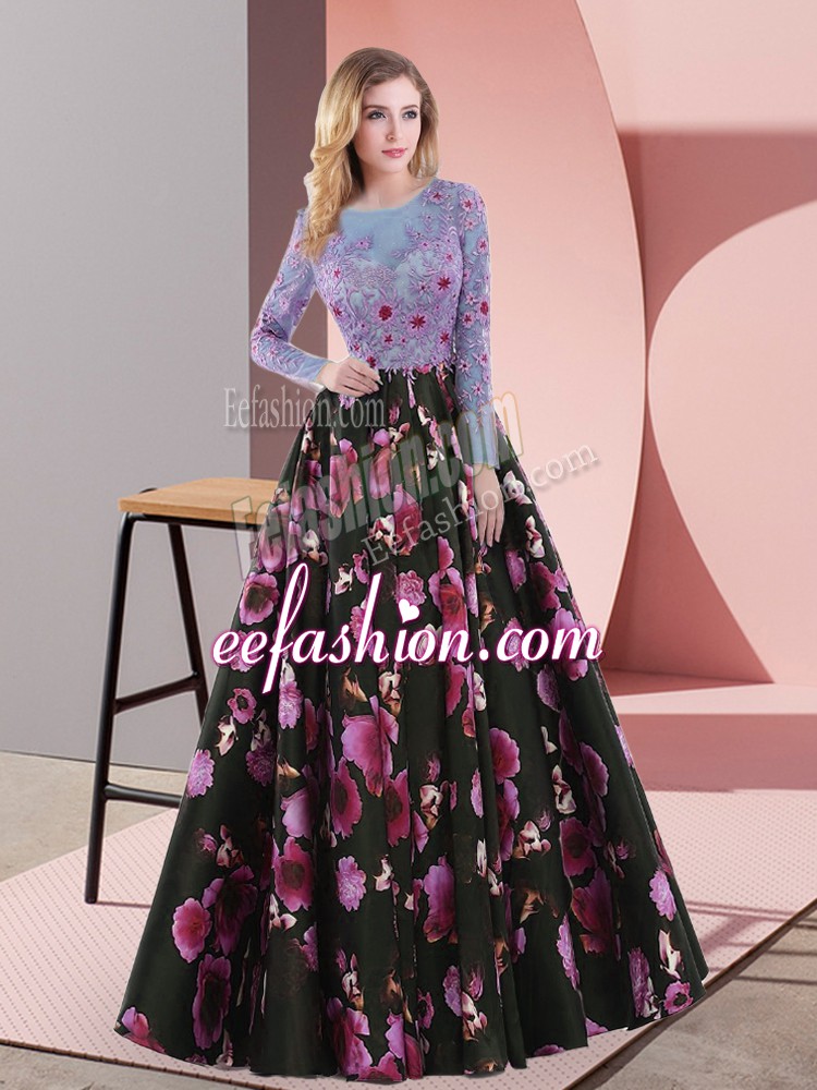 Deluxe Floor Length Multi-color Prom Gown Printed Long Sleeves Embroidery