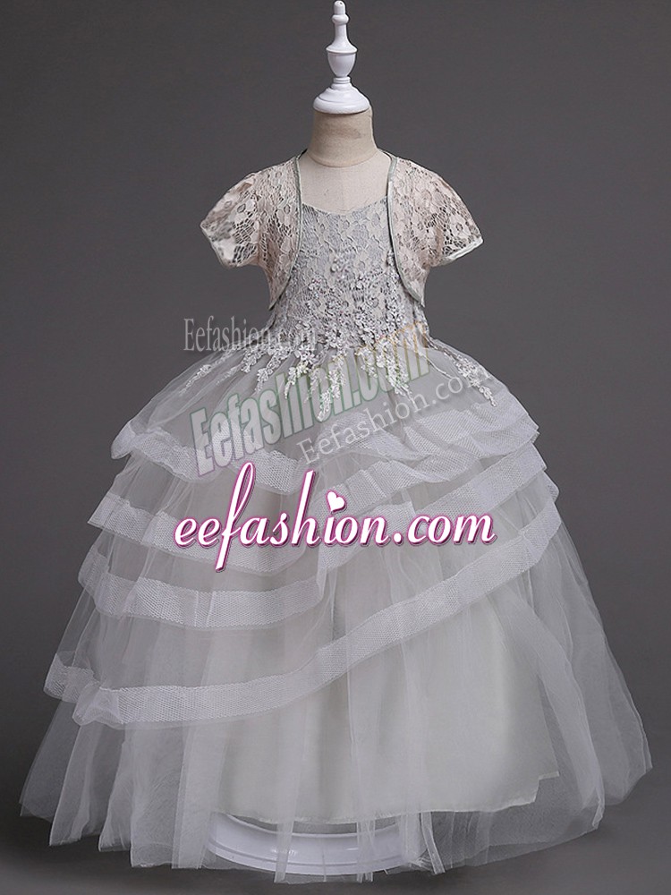  Sleeveless Floor Length Appliques and Ruffled Layers Zipper Toddler Flower Girl Dress with Grey