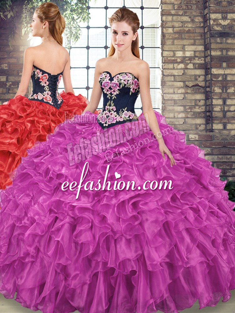  Fuchsia Quinceanera Gowns Organza Sweep Train Sleeveless Embroidery and Ruffles