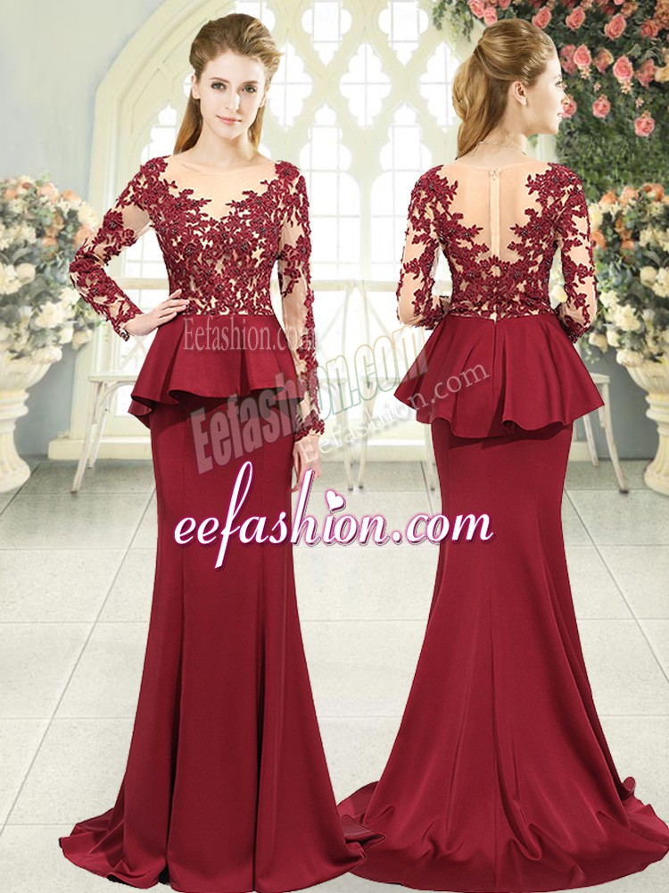  Red Zipper Prom Gown Lace and Appliques Long Sleeves Sweep Train