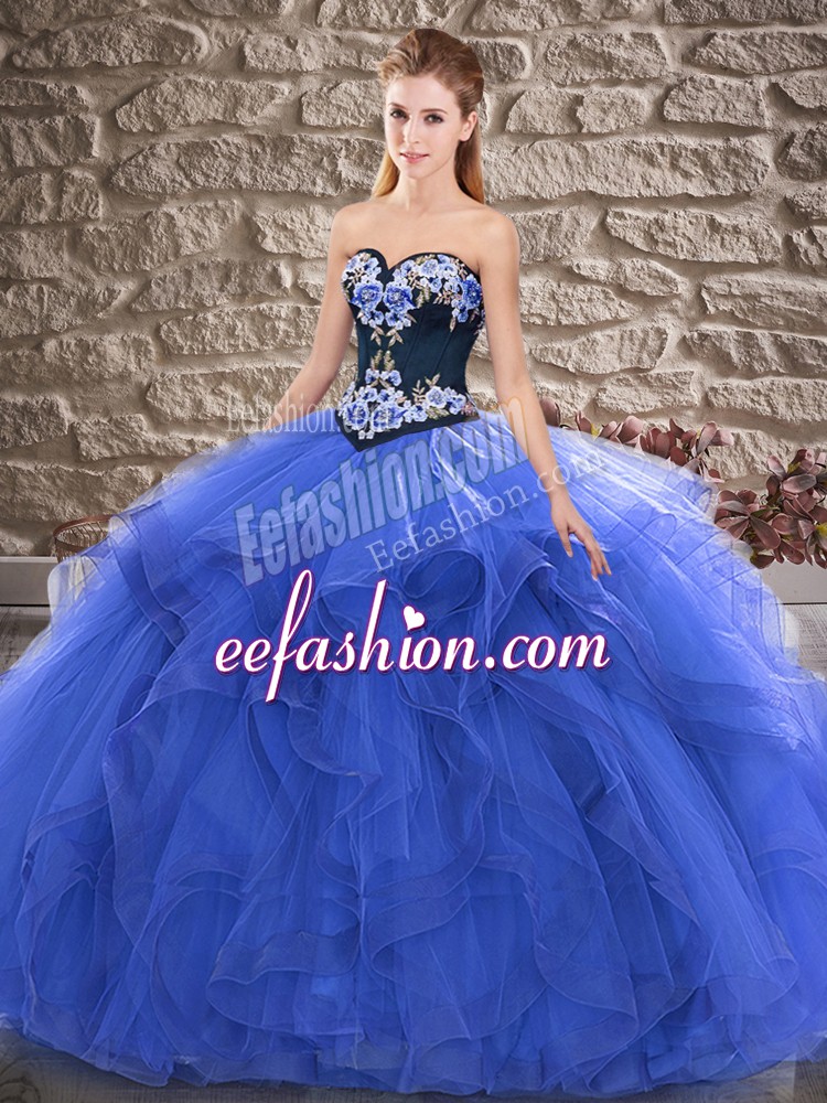  Blue Ball Gowns Tulle Sweetheart Sleeveless Beading and Embroidery Floor Length Lace Up 15th Birthday Dress