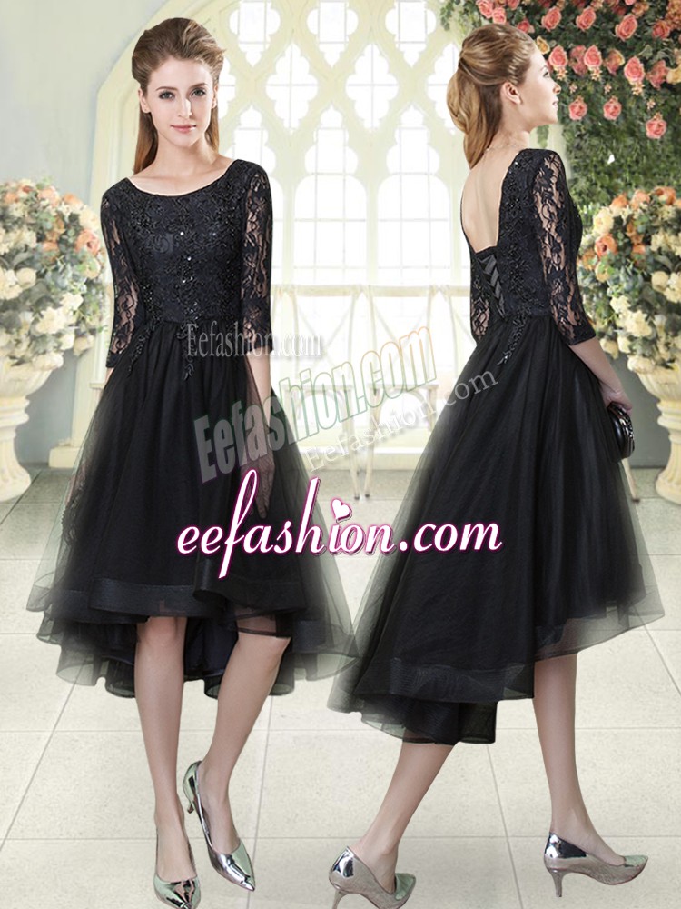 Exceptional Scoop Half Sleeves Lace Up Evening Dress Black Tulle