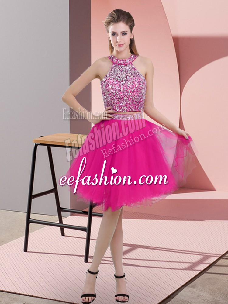  Hot Pink Halter Top Backless Beading Prom Evening Gown Sleeveless