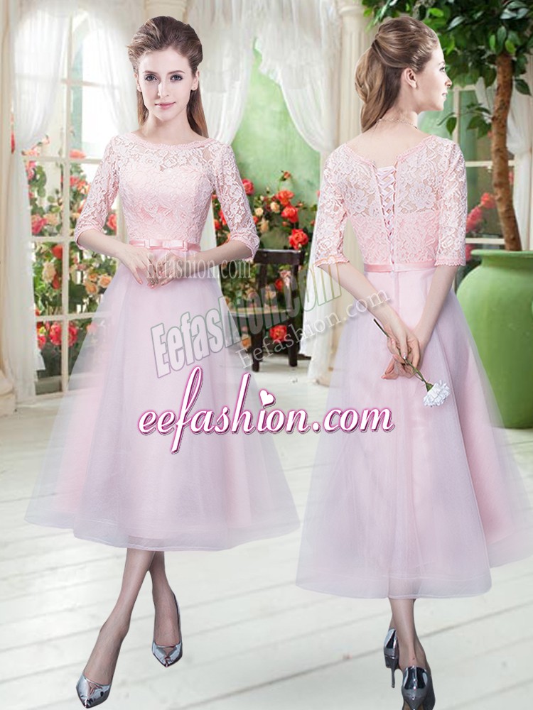 Custom Made Baby Pink Half Sleeves Ankle Length Belt Lace Up Prom Gown