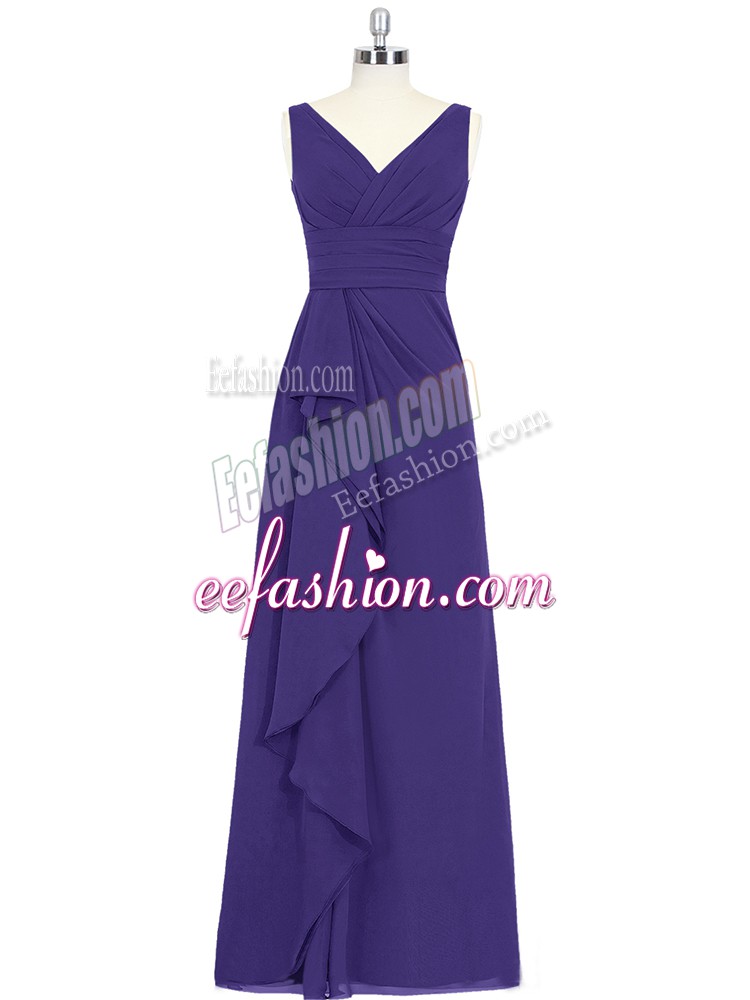 Chiffon V-neck Sleeveless Zipper Ruching Dress for Prom in Purple