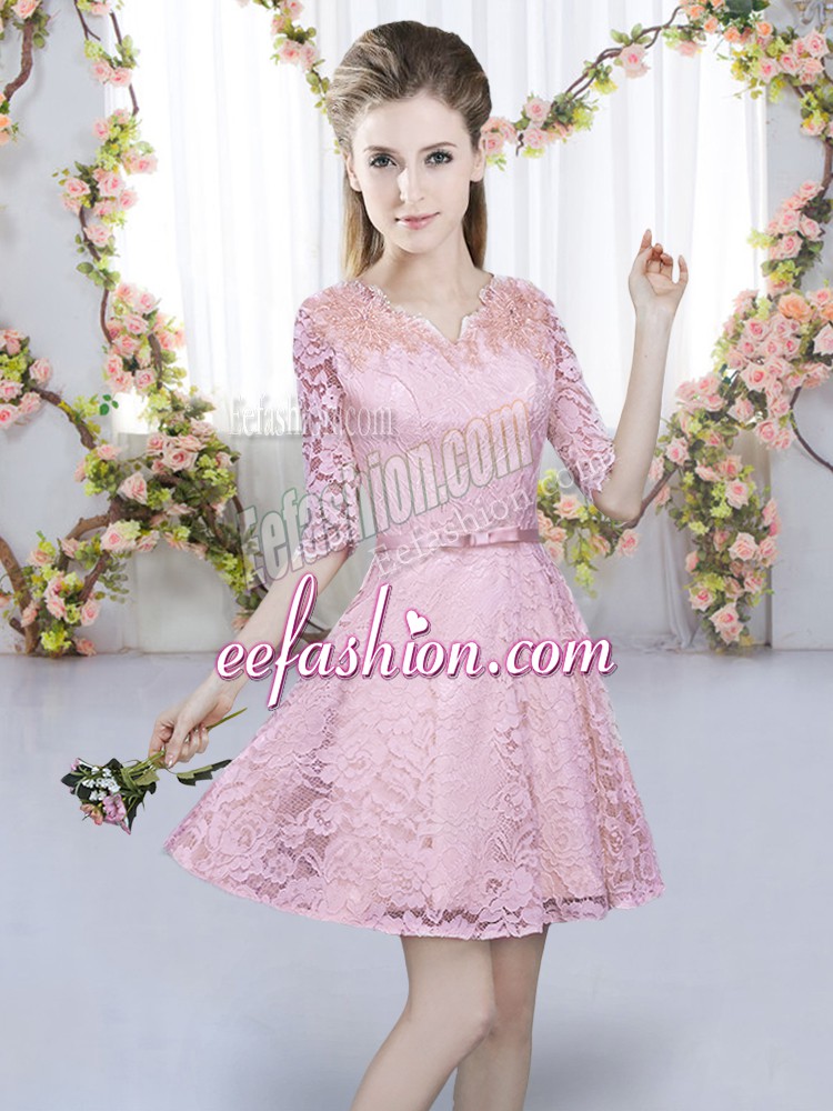  V-neck Half Sleeves Wedding Guest Dresses Mini Length Belt Pink Lace
