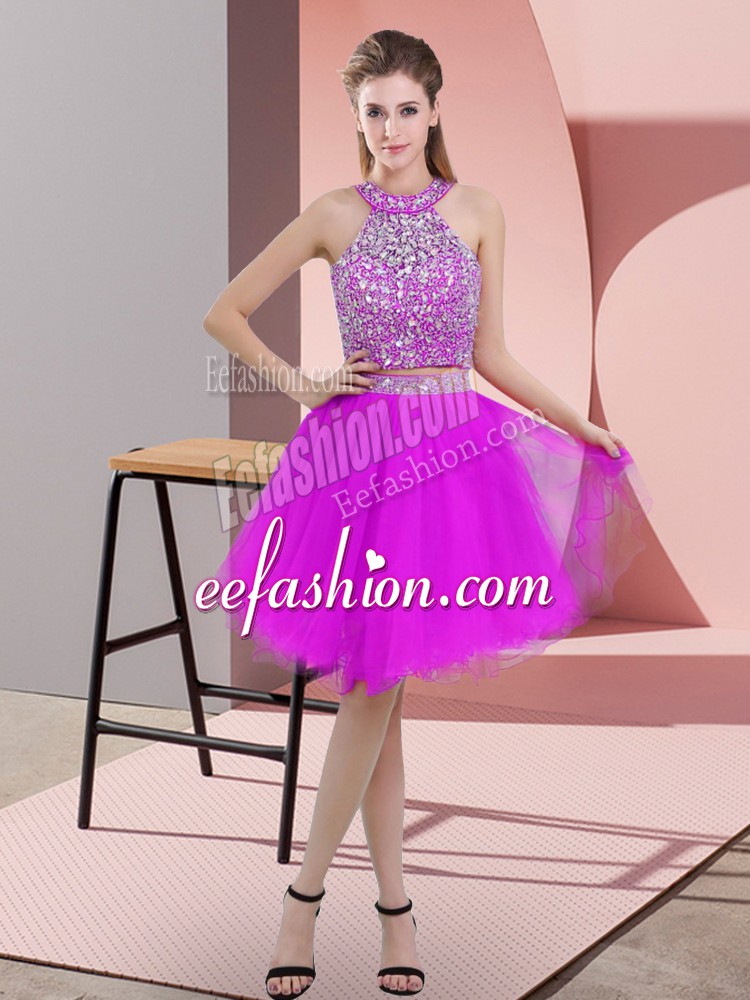  Sleeveless Organza Knee Length Backless in Purple with Beading