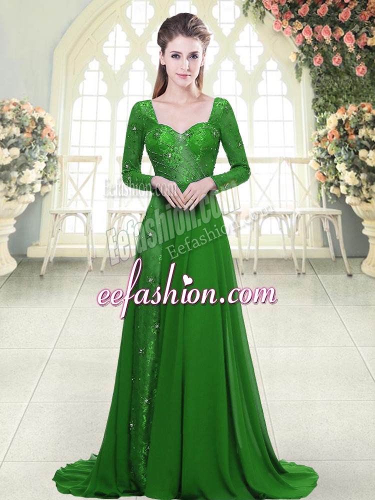 Excellent Green Chiffon Backless Sweetheart Long Sleeves Sweep Train Beading
