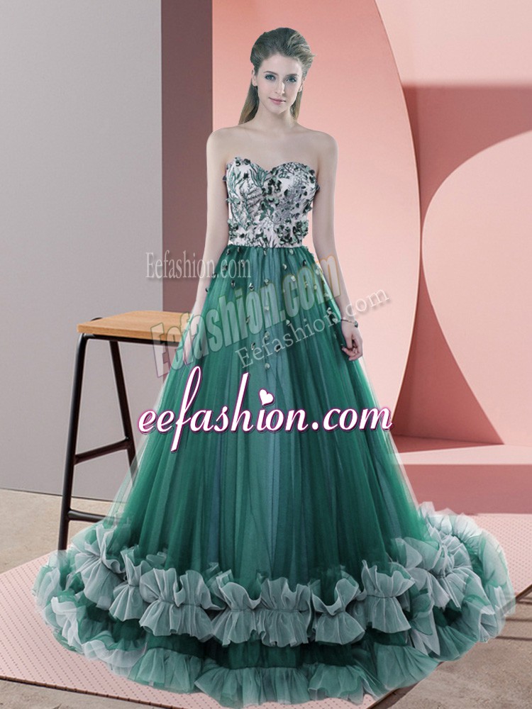  Sweetheart Sleeveless Tulle Dress for Prom Beading Sweep Train Lace Up