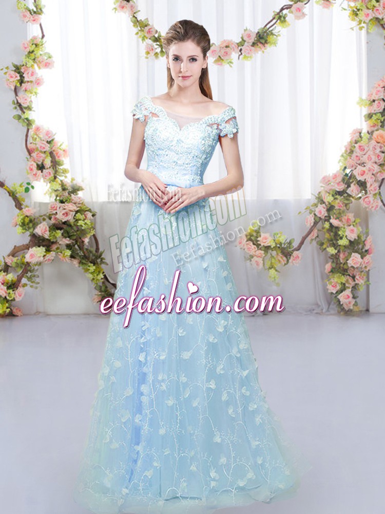 Elegant Blue Empire Tulle Off The Shoulder Cap Sleeves Appliques Floor Length Lace Up Dama Dress for Quinceanera
