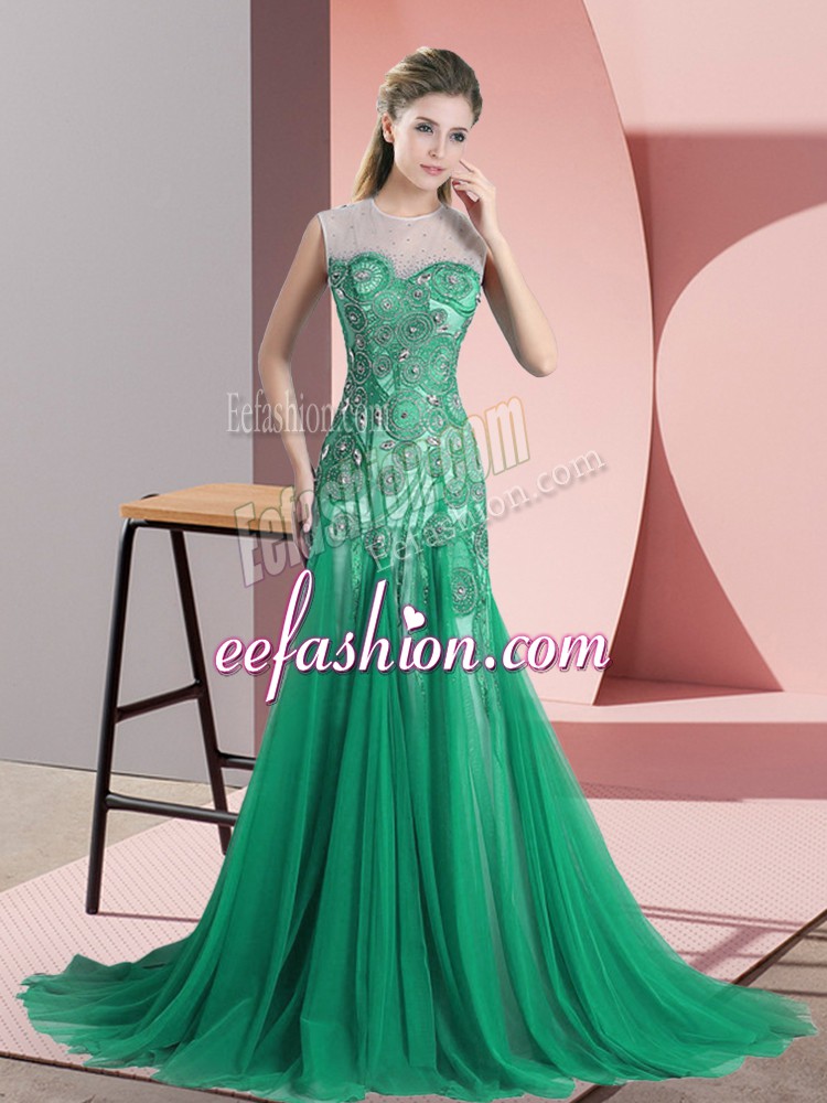 Affordable Green Scoop Neckline Beading and Appliques Formal Dresses Sleeveless Backless