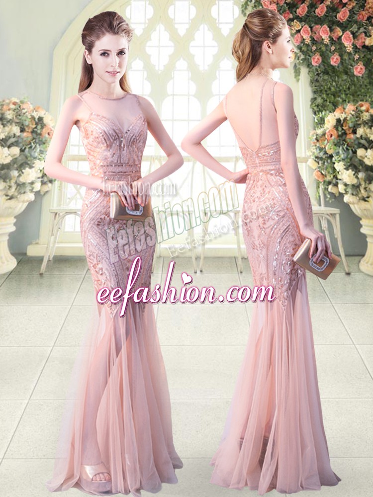 Glittering Floor Length Pink Evening Dress Tulle Sleeveless Sequins