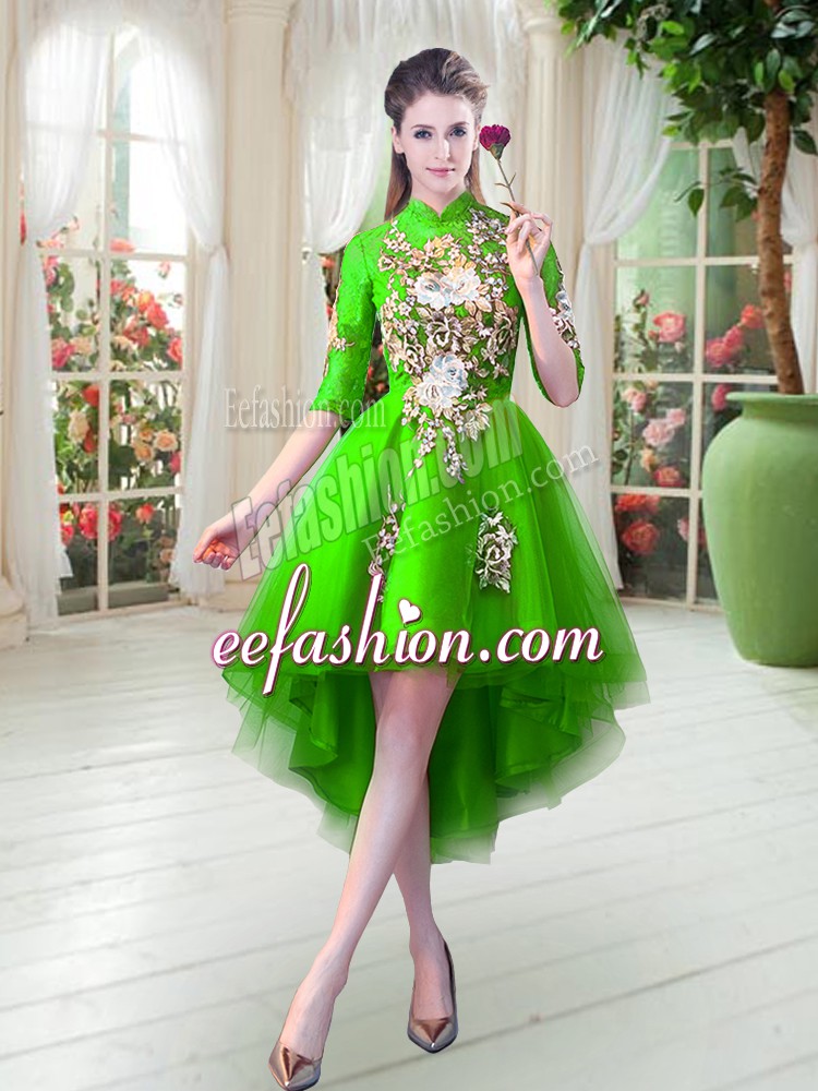 Affordable High Low Green Dress for Prom High-neck Half Sleeves Zipper