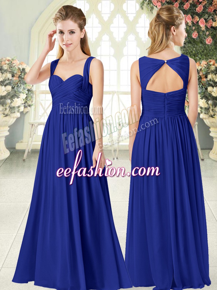 Exceptional Royal Blue Empire Straps Sleeveless Chiffon Floor Length Zipper Ruching Prom Dresses