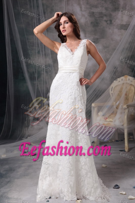 White V-neck Brush Train Wedding Dress in Lace with Belt for Less