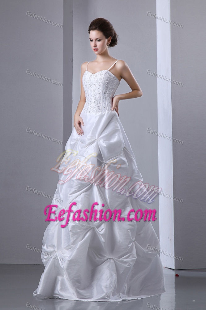 White Spaghetti Straps Wedding Dress in with Beading and Pick-ups