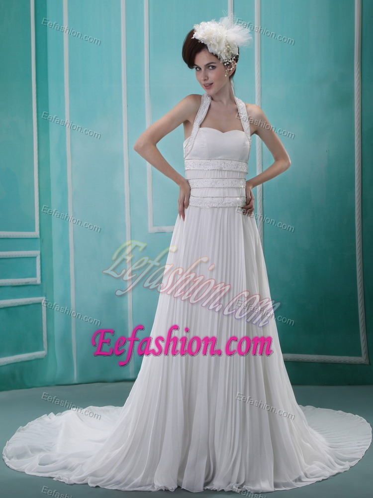 Lovely Beaded Halter Top Pleating Dress for Brides with Chapel Train for Cheap