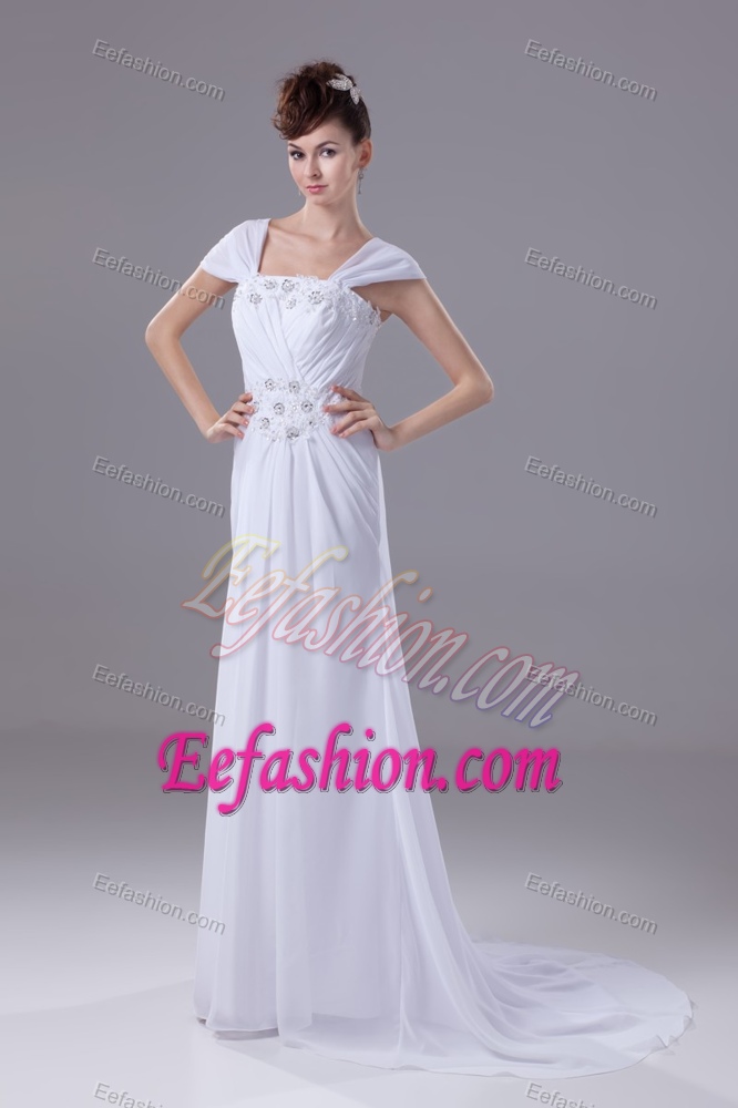 Exclusive Beaded and Appliqued Square Brush Train Bridal Dress with Cap Sleeve