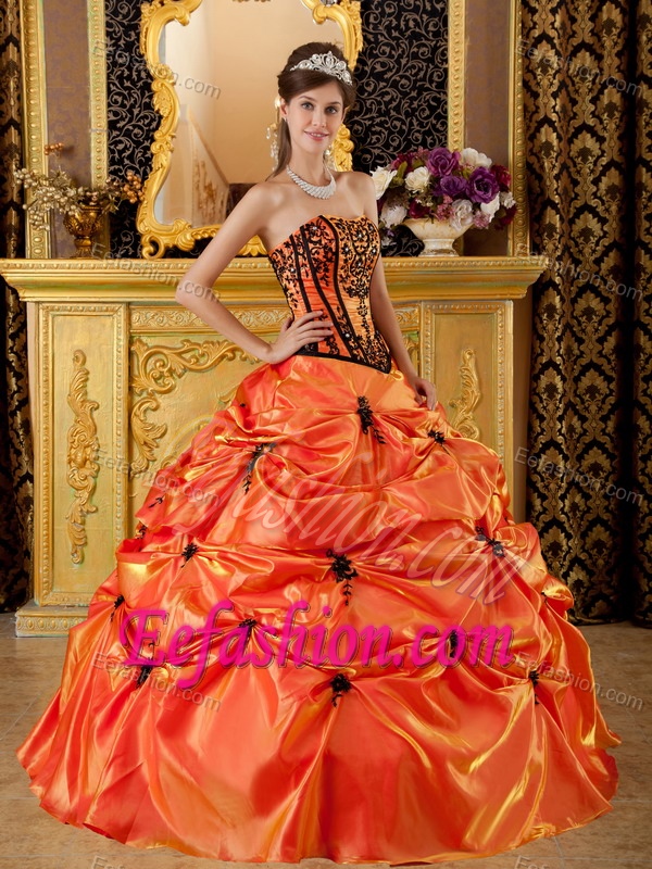 Timeless Orange Strapless Embroidery Quinceanera Dresses with Pick-ups