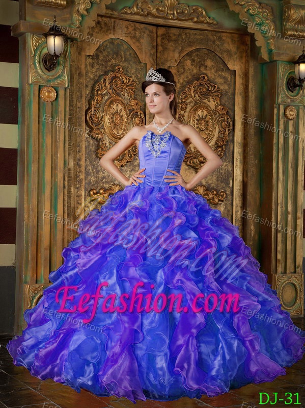 Qualified Purple Ball Gown Strapless Dresses for Quinces in Organza with Ruffles