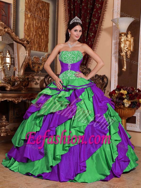 Multicolor Strapless Quinceanera Dress with Embroidery and Layers