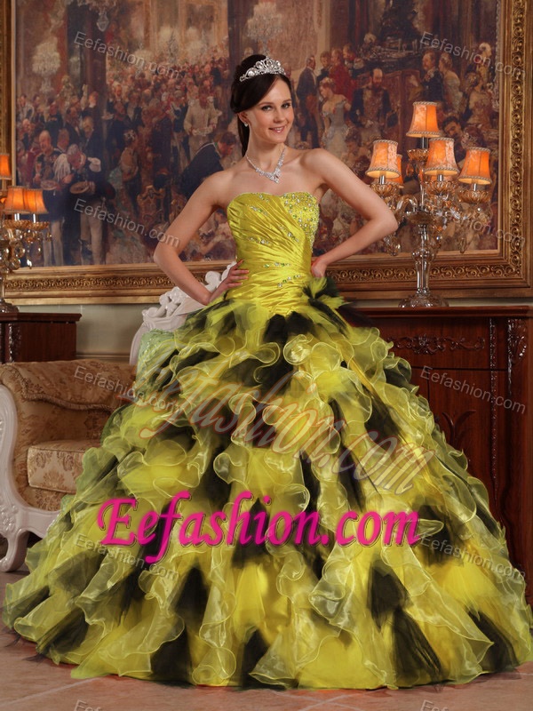 Yellow and Black Strapless Organza Quinceanera Gown Dress for Custom Made