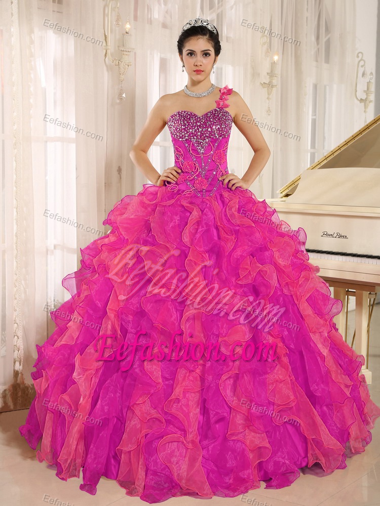 Coral Red One Shoulder Beaded 2013 Quinceanera Dress in Spring with Ruffles