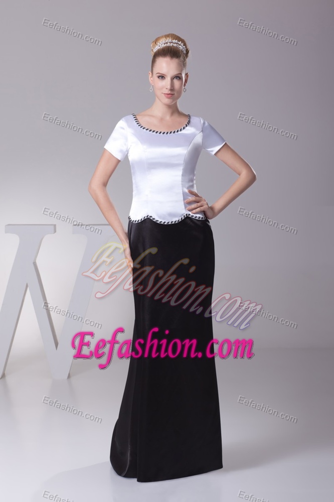 White and Black Scoop Short Sleeves Long Beaded Mother of Bride Dresses
