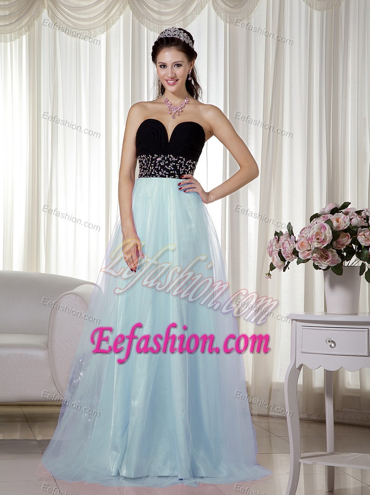 Light Blue and Black A-line Sweetheart and Tulle Prom Dress with Beading