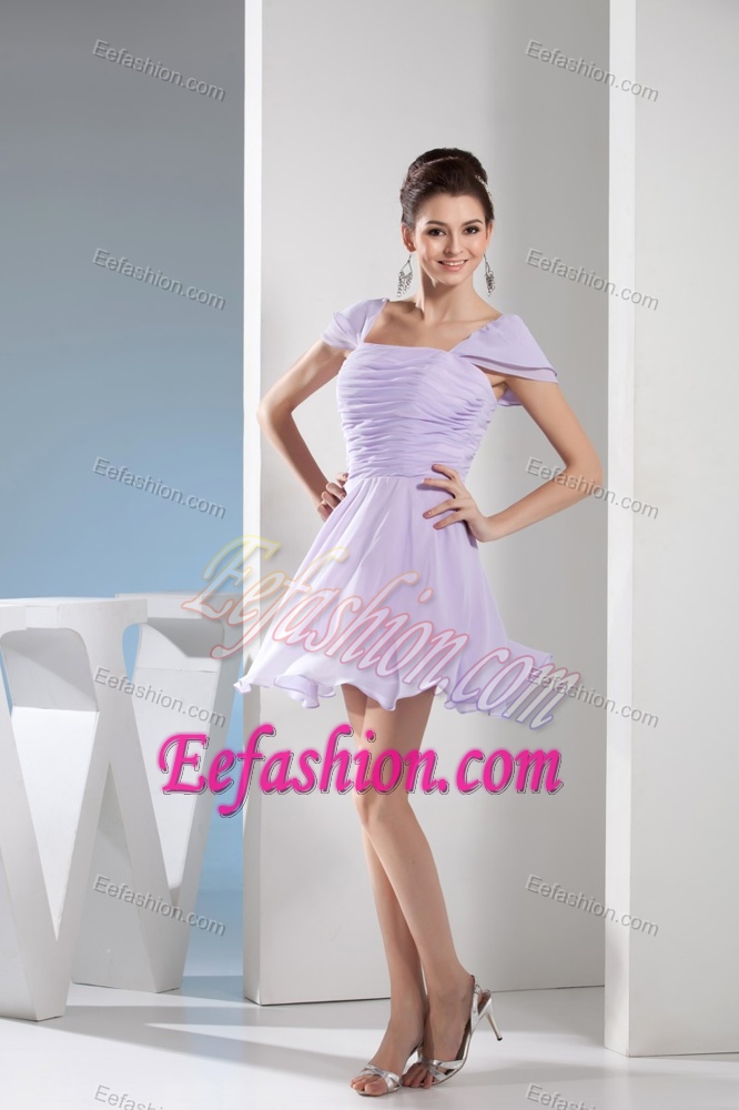 Elegant Lilac Square Mini-length Prom Gown Dress with Ruching and Cap Sleeves