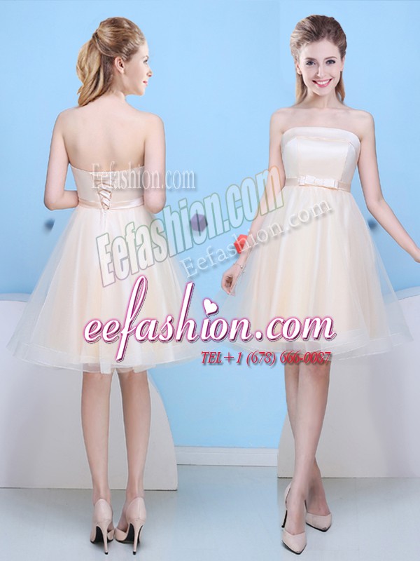 Extravagant Champagne Strapless Lace Up Bowknot Bridesmaid Dresses Sleeveless