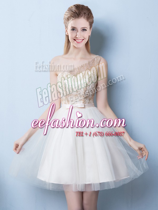 Decent One Shoulder Sleeveless Mini Length Sequins and Bowknot Lace Up Quinceanera Court Dresses with Champagne