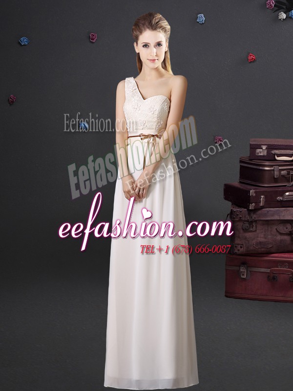  One Shoulder Sleeveless Lace and Appliques and Belt Lace Up Bridesmaids Dress