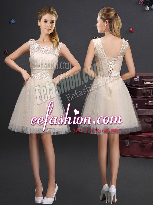 Graceful Scoop Champagne Lace Up Bridesmaid Gown Lace and Appliques and Belt Sleeveless Mini Length