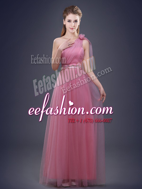  Pink Lace Up One Shoulder Beading and Ruching and Hand Made Flower Wedding Party Dress Tulle Sleeveless