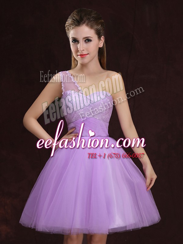 Spectacular One Shoulder Sleeveless Tulle Mini Length Lace Up Quinceanera Court of Honor Dress in Lilac with Lace and Ruching