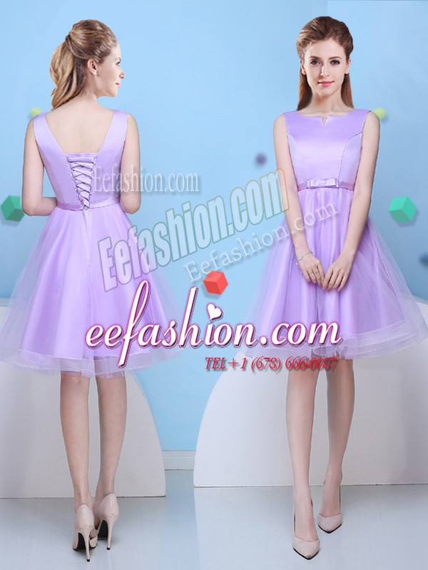  A-line Wedding Party Dress Lavender Scoop Tulle Sleeveless Knee Length Lace Up